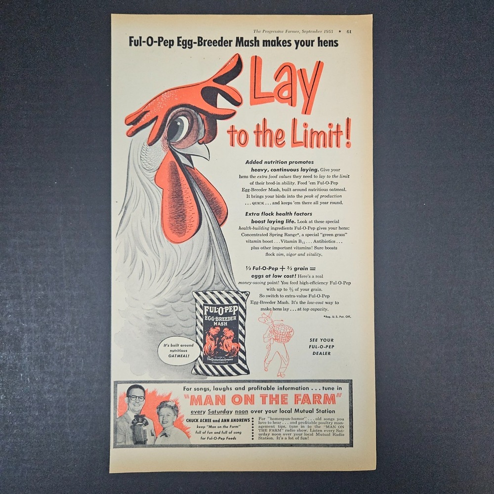 1953 Ful-O-Pep Egg-Breeder Mash Quaker Oats Vintage Print Ad Lay To The Limit